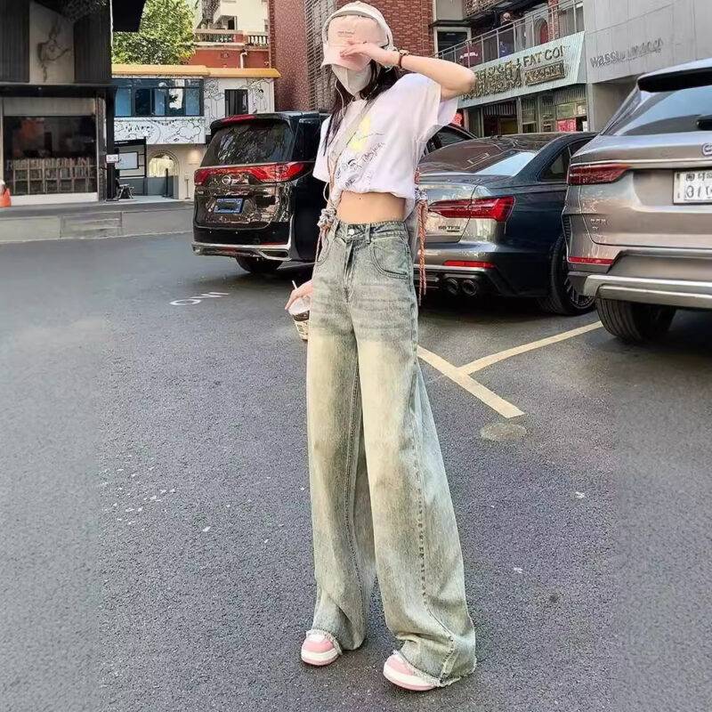 Retro Cement Yellow Straight Wide-leg Jeans For Women Spring And Summer New Loose Slim High Waist Drape Long Pants - Image 4