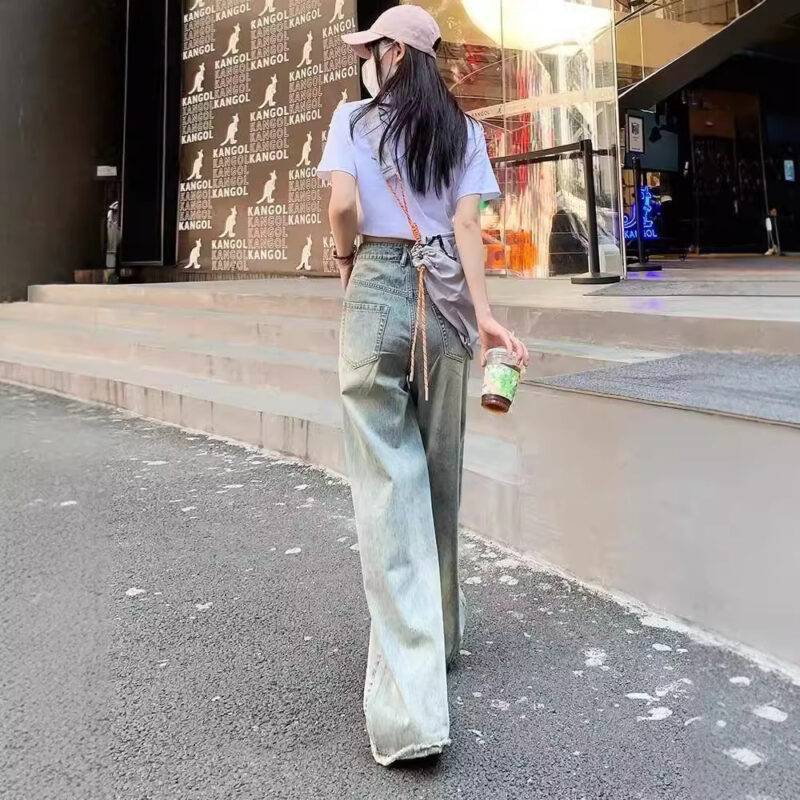 Retro Cement Yellow Straight Wide-leg Jeans For Women Spring And Summer New Loose Slim High Waist Drape Long Pants - Image 3