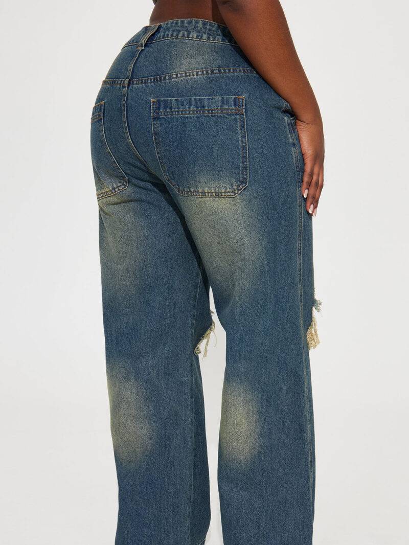Retro Heavy-duty Washed Knee Ripped Wide-legged Jeans - Image 2