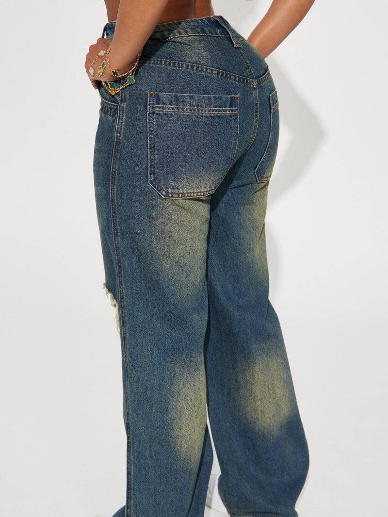 Retro Heavy-duty Washed Knee Ripped Wide-legged Jeans - Image 4