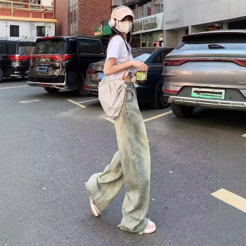 Retro Cement Yellow Straight Wide-leg Jeans For Women Spring And Summer New Loose Slim High Waist Drape Long Pants - Image 2