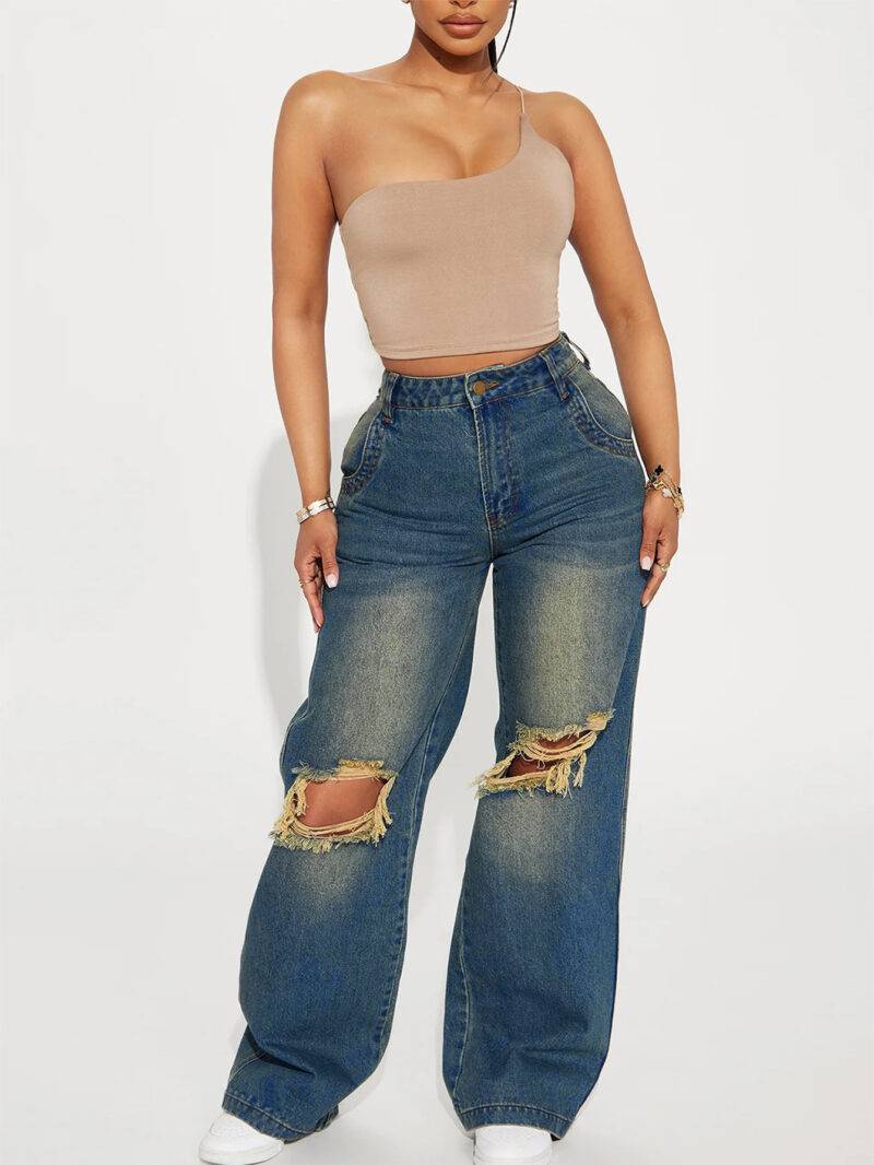 Retro Heavy-duty Washed Knee Ripped Wide-legged Jeans - Image 5
